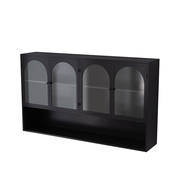 English Elm 47.25" Four-door Glass Wall Cabinet Storage - Durable Iron & Tempered Glass, Space-Saving Vertical Organizer Black W757P205949