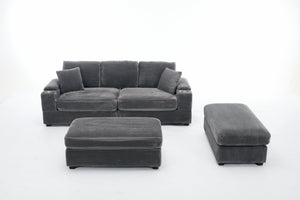 English Elm Corduroy Upholstered Chaise Lounge Sofa with Movable Ottoman, Cup Holder, Deep Seat Comfort Grey W2120S00007