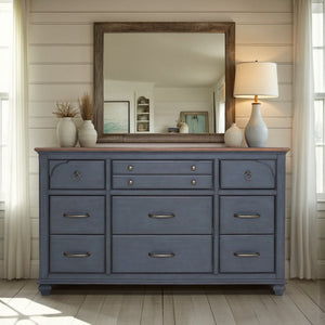 English Elm 9-Drawer Corduroy Blue Dresser, Fully Assembled, Rubberwood & Birch, Soft-Close Felt-Lined Drawers B108P193083