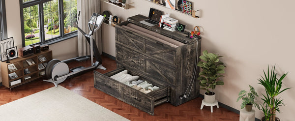 English Elm Queen Murphy Cabinet Bed Rustic Grey Farmhouse Style with Charging Station Storage W5271S00001