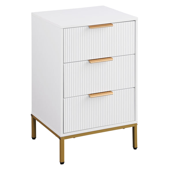 English Elm Nightstand with Drawer | 3-Tier Modern Bedside Table with Hidden Drawer, Open Shelves, Sturdy Build White+Gold 27.4 L x 17.9 W x 6.3 H W3151P345786