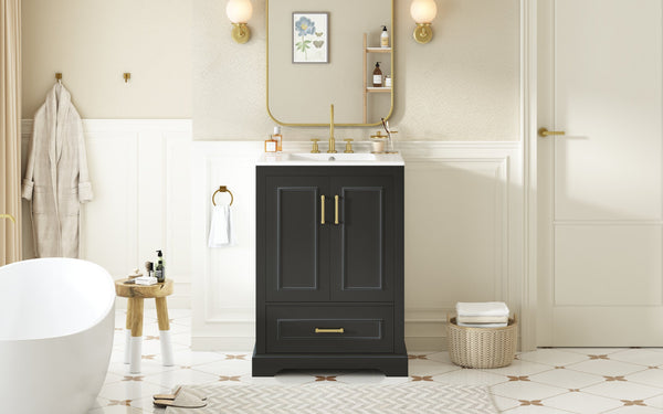 English Elm 24"Bathroom Modern Vanity with Ceramic Sink, Solid Wood Frame, Soft-Close Doors & Smart Storage System Black N729P321378B