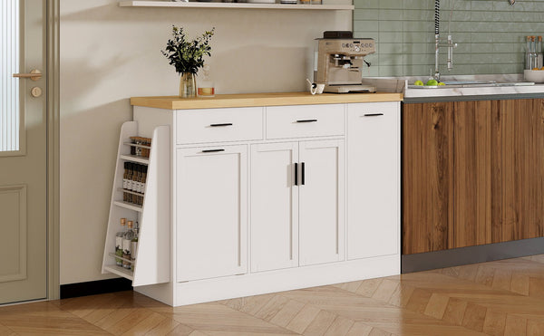 English Elm Trexm Farmhouse Kitchen Sideboard with Hidden Trash Cabinet and Built-in Spice Rack White XW000027AAK