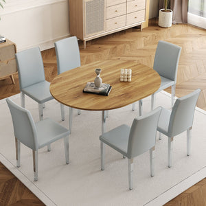 English Elm Table Set Oval Tempered Glass Top Silver Twin Column Base with Six Pu Dining Chairs W1151S04834