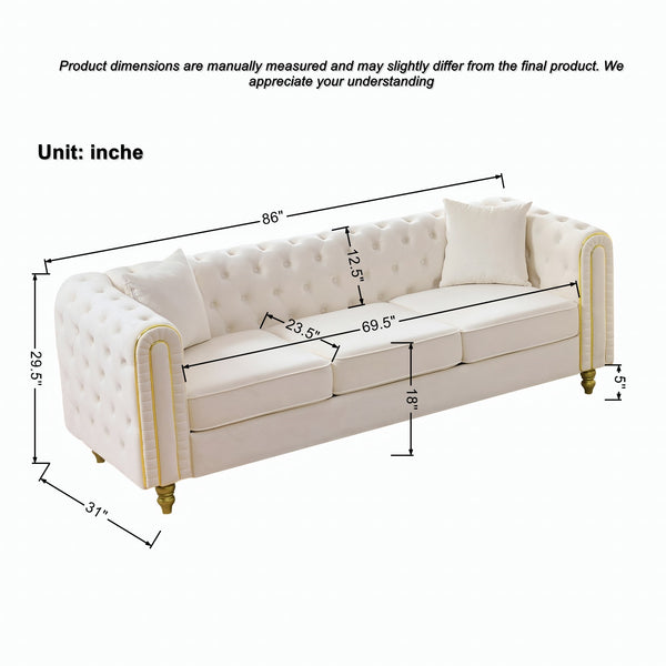 English Elm 86" Chesterfield Velvet Three Seat Sofa Button Tufted Rolled Arms Gold Legs Living Room Beige W3373S00079