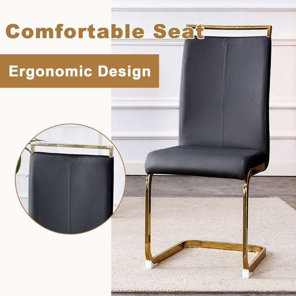 English Elm Table Set - Luxurious Pandora Patterned Dining Table With 8 Black Pu Chairs & Golden C-Shaped Legs W1151S03234-GIGA