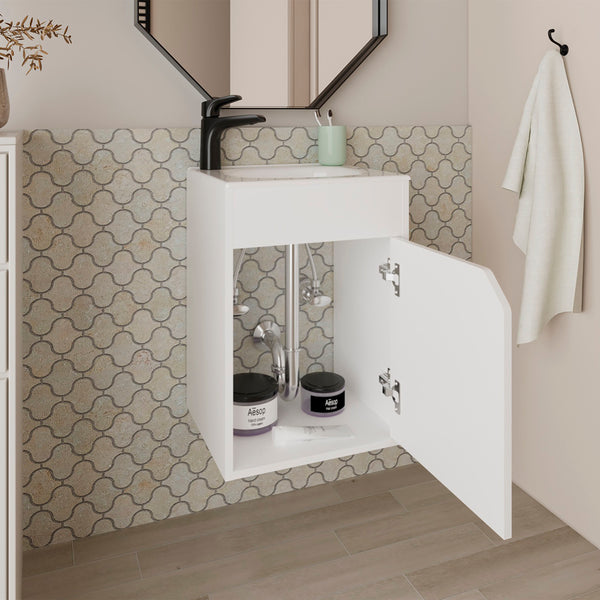 English Elm FM Wall-Mounted Belle Bathroom Vanity with Built-In Sink, Floating Design, Soft-Close Door, Sleek Storage Solution White 26 L x 19 W x 11 H B128P335851