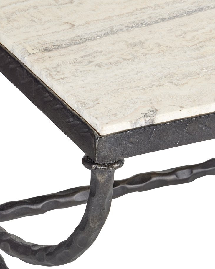 Currey & Company Agora White Travertine Cocktail Table - Greek-inspired Design With Sculptural Bronze Frame Elegance White White Travertine ,Wrought Iron 4000-0244-currey-company
