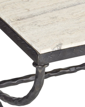 Currey & Company Agora White Travertine Cocktail Table - Greek-inspired Design With Sculptural Bronze Frame Elegance White White Travertine ,Wrought Iron 4000-0244-currey-company