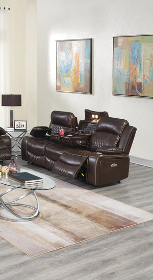 English Elm Power Motion Sofa - Contemporary Brown Gel Leatherette With Usb Ports, Storage Arms & Cup Holder B011S01067-GIGA