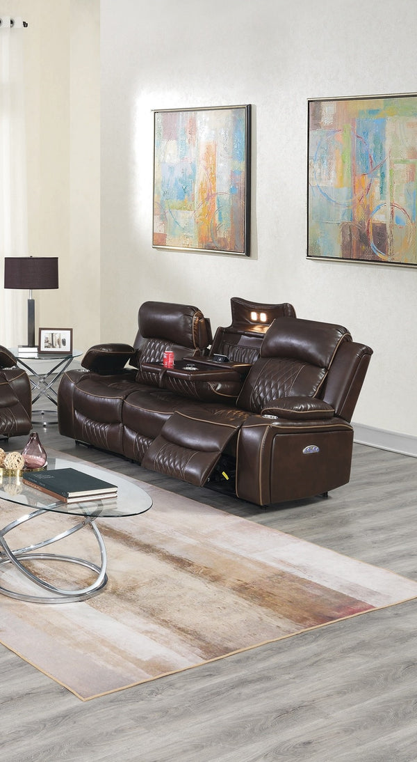 English Elm Power Motion Sofa - Contemporary Brown Gel Leatherette With Usb Ports, Storage Arms & Cup Holder B011S01067-GIGA