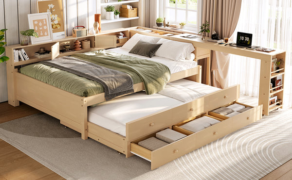 English Elm Twin Daybed Pine Frame with Trundle Desk Hutch Shelves and Storage for Kids Rooms Gold W1580S00463
