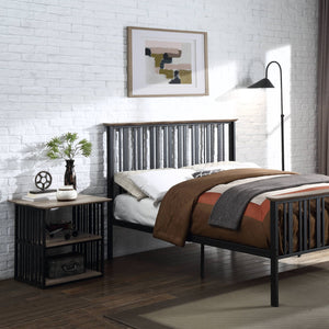 English Elm Antique Rustic Oak Nightstand with Black Slatted Metal Frame, 3-Shelf Industrial Charm for Bedroom Storage B062P209017