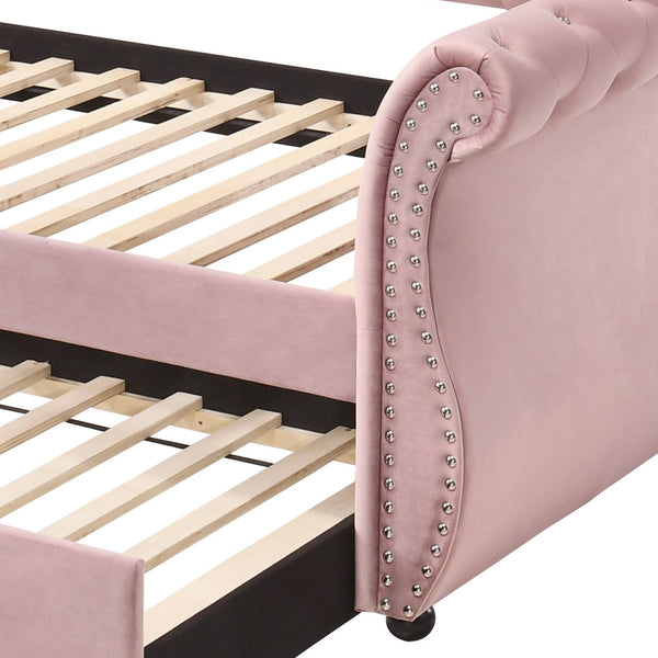 English Elm Adkins Pink Velvet Upholstered Daybed with Trundle Twin, Button-Tufted, Nailhead Trim, 330lb Capacity B2726S00407