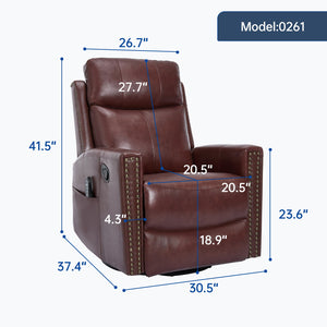 English Elm Wine Red Genuine Leather Swivel Rocker Recliner with Massage Heat for Living Room W1803P323712
