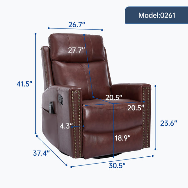 English Elm Wine Red Genuine Leather Swivel Rocker Recliner with Massage Heat for Living Room W1803P323712