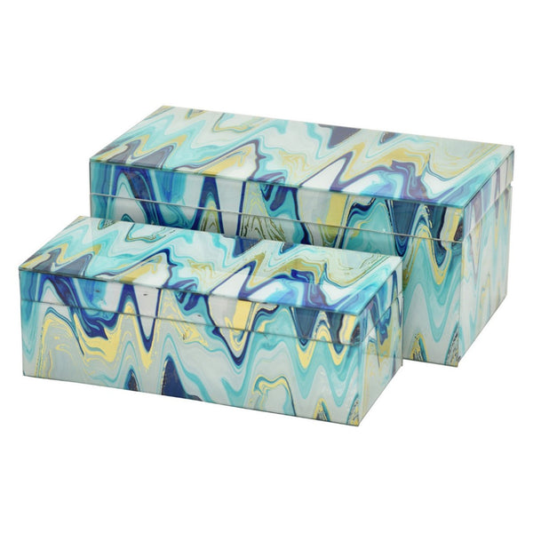 English Elm Jenny Marbled Glass Decorative Box Set Teal Abstract Swirl Vanity Desk Accent B056P416935