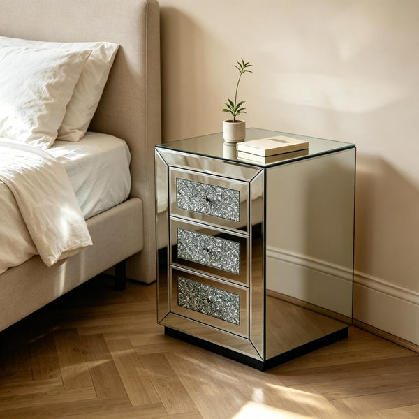 English Elm 3-drawer Mirrored Nightstand with Glitter Glam Silver Finish for Bedroom or Entryway W3935P462091