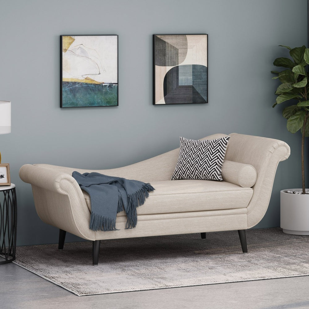 English Elm Chaise Lounge Upholstered Accent Piece Tailored Silhouette for Living Room or Bedroom Beige N776P396744F