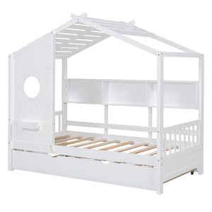 English Elm Wooden Twin House Bed with Trundle and 3 Back Shelves, Pine Frame Playful Loft Design for Kids White 41.7 L x 16.25 W x 6 H N733S316110K