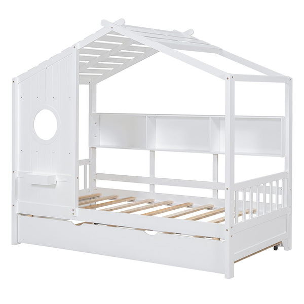 English Elm Wooden Twin House Bed with Trundle and 3 Back Shelves, Pine Frame Playful Loft Design for Kids White 41.7 L x 16.25 W x 6 H N733S316110K