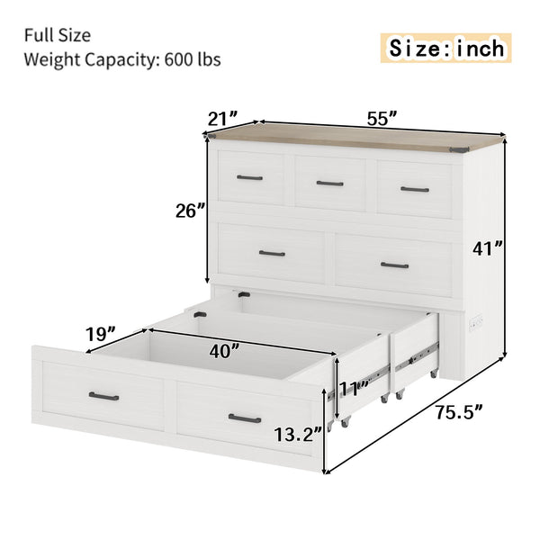 English Elm Murphy Full-Size Cabinet Bed with Built-In Charging Station, Storage Drawer & 700lb Capacity Comfort White 52.5 L x 26 W x 5.5 H N733S293995W