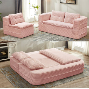 English Elm Multi Purpose Corduroy Sectional with Chaise Converts to King Floor Bed Deep Seat Baby Pink W3219S00008