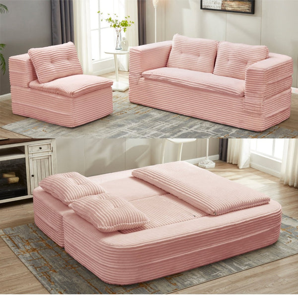 English Elm Multi Purpose Corduroy Sectional with Chaise Converts to King Floor Bed Deep Seat Baby Pink W3219S00008