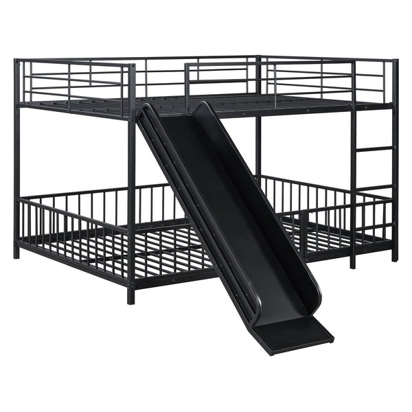 English Elm Full Full over Full Metal Bunk Bed with Slide, Interchangeable Stairs, Gate & Safety Guardrails for Kids Black SF000170AAB