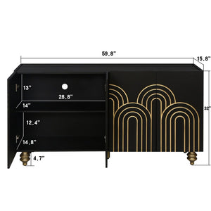 English Elm Modern Fluted Four Door Sideboard Matte Black Glam Cabinet with Gold Accent Feet W1445P256479