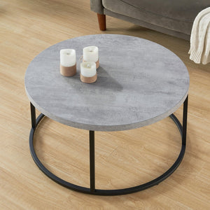 English Elm 31.5" Round Oak Finish Coffee Table Matte Black Steel Base for Modern Living Rooms Gray W3151P352762