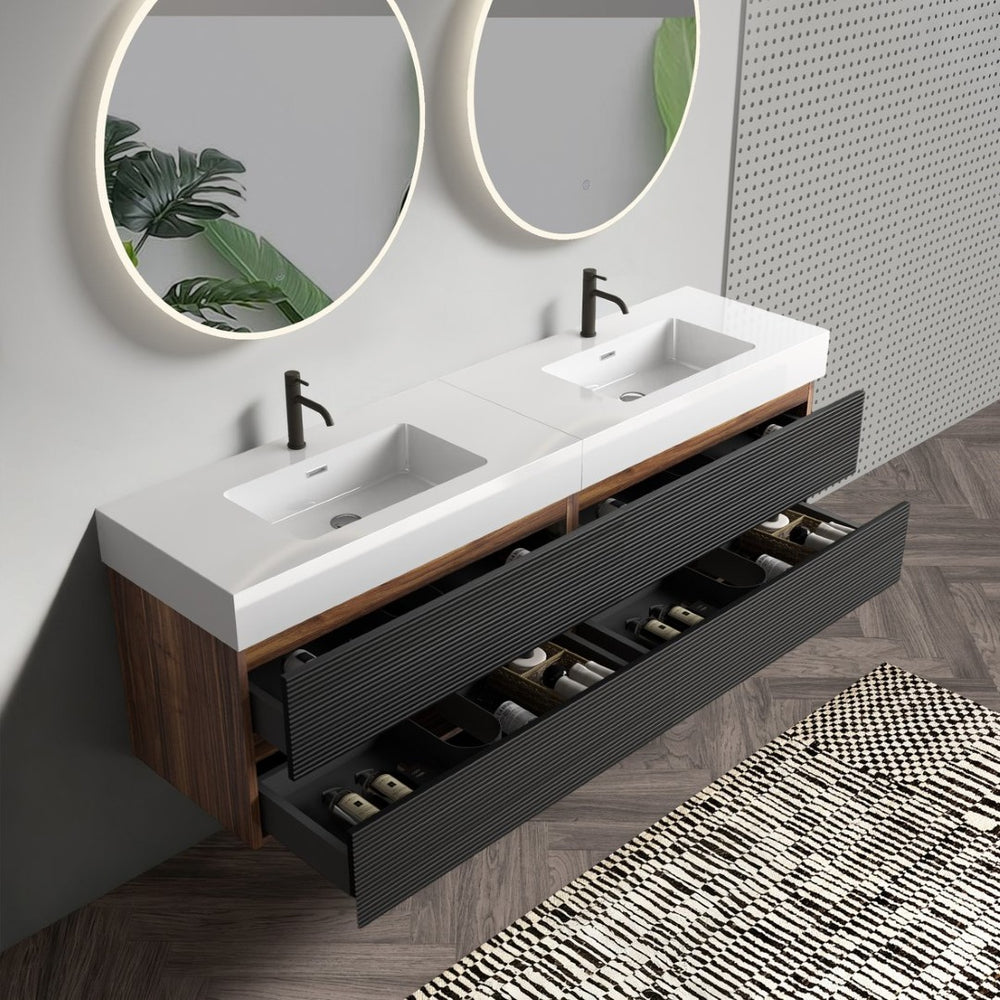 English Elm Galan 72 Inch Double Sink Vanity Fluted Wood Quartz Top Freestanding Bathroom Cabinet W1865S00172