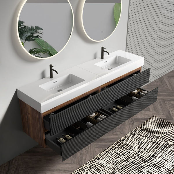 English Elm Galan 72 Inch Double Sink Vanity Fluted Wood Quartz Top Freestanding Bathroom Cabinet W1865S00172