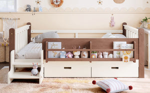 English Elm Twin Kids Platform Bed with Trundle Staircase Bookshelf and Rounded Safety Rails Beige W1580S00539