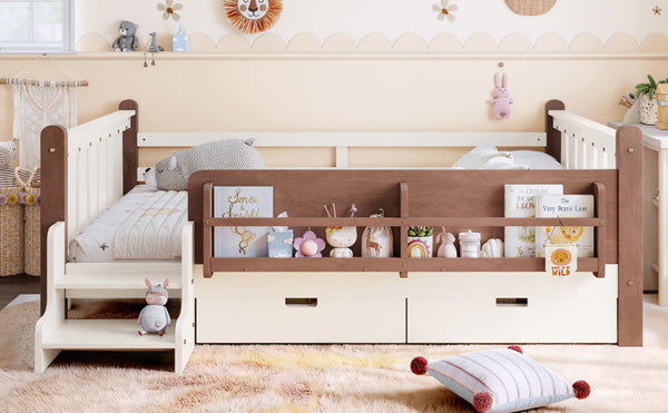 English Elm Twin Kids Platform Bed with Trundle Staircase Bookshelf and Rounded Safety Rails Beige W1580S00539