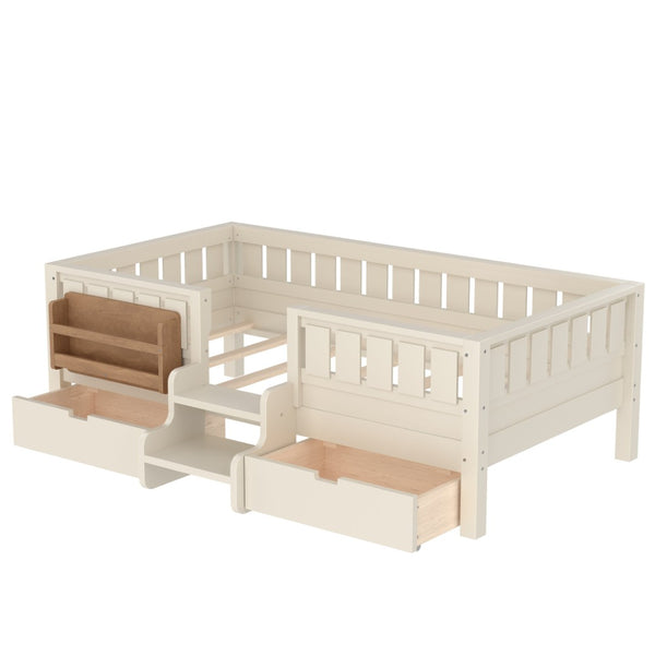 English Elm Twin Kids Storage Bed with Bookshelf Headboard Safety Staircase and Under Drawers Beige W1580P379183