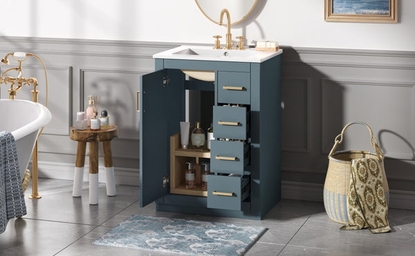 English Elm 24" Bathroom Vanity With Ceramic Sink - Stylish Blue Cabinet, Soft-Close Drawers & Modern Elegance N710P341038C
