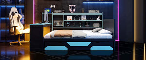 English Elm Queen Gaming Bed Frame with Desk Led Lighting Storage Drawers and Bookcase Headboard Black+Blue LP000290AAC