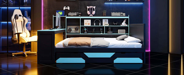 English Elm Queen Gaming Bed Frame with Desk Led Lighting Storage Drawers and Bookcase Headboard Black+Blue LP000290AAC