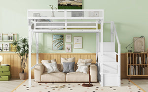 English Elm Full Size Loft Bed With Stairs & Shelves - Stylish Metal High Loft Bed For Kids & Teens, White Finish W2580S00032