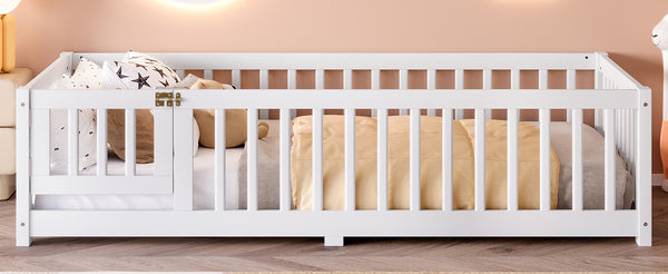 English Elm Twin Twin Size Floor Bed with Safety Guardrails and Playful Door for Kids, Pine/Plywood, Low Profile White W1580P338944