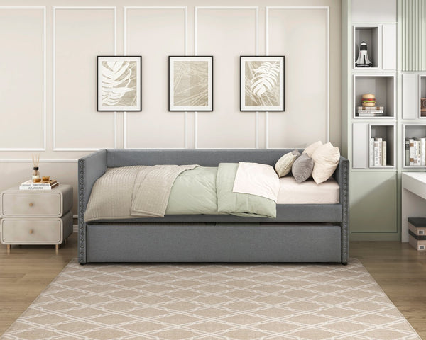 English Elm Modern Upholstered Daybed with Pull Out Trundle Nailhead Trim and Side Storage Pockets Dark Gray B011P419496