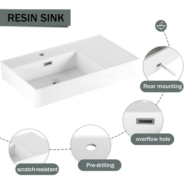 English Elm 30 Inch Wall-Mounted Bathroom Vanity With Resin Sink, Soft Close Drawer & Modern Oak Finish W999S00257