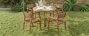 English Elm U_style Solid Acacia Wood Round Outdoor Dining Set Seats Four with Slatted Design Natural WY000475AAO
