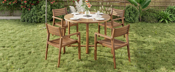 English Elm U_style Solid Acacia Wood Round Outdoor Dining Set Seats Four with Slatted Design Natural WY000475AAO