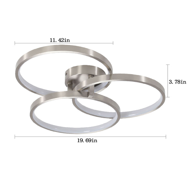 English Elm 20" Modern LED Ceiling Light Fixture – 3-Ring Brushed Nickel, Dimmable Warm White, Heat-Dissipating Design W2312P374770