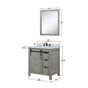 English Elm Ash Grey Bath Vanity 30x22 with White Quartz Top, Matte Black Faucet, 28in Mirror, Scratch-Resistant Finish B2731S01275