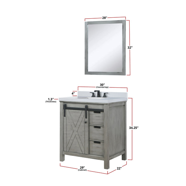 English Elm Ash Grey Bath Vanity 30x22 with White Quartz Top, Matte Black Faucet, 28in Mirror, Scratch-Resistant Finish B2731S01275