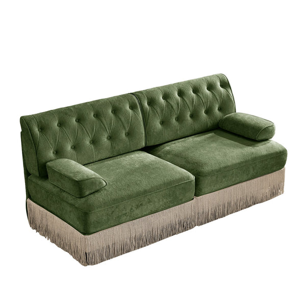 English Elm Soft Velvet Chesterfield Sectional Sofa Tufted Tassel Fringe Skirt Modular Living Room Green W714S01703