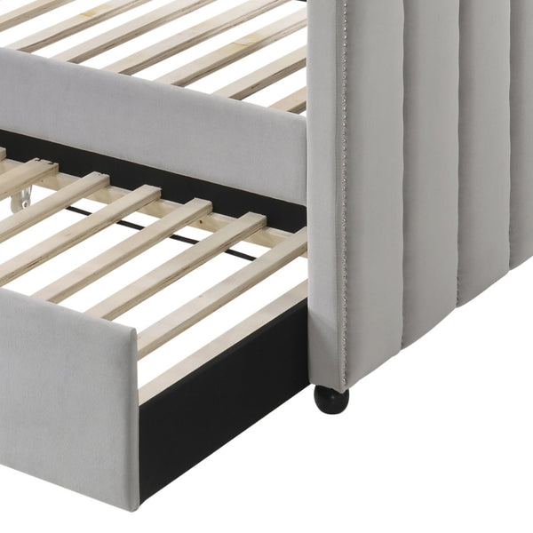 English Elm Peridot Dove Gray Velvet Daybed with Roll-Out Twin Trundle, Tufted Arched Back, Nailhead Trim B2726S00325